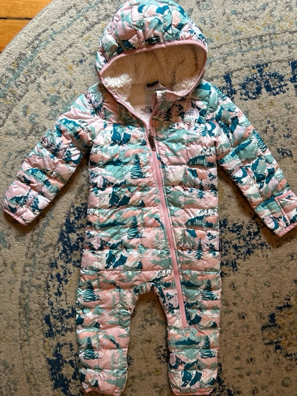 The North Face Pink & Teal Patterned Quilted Infant Snow Suit